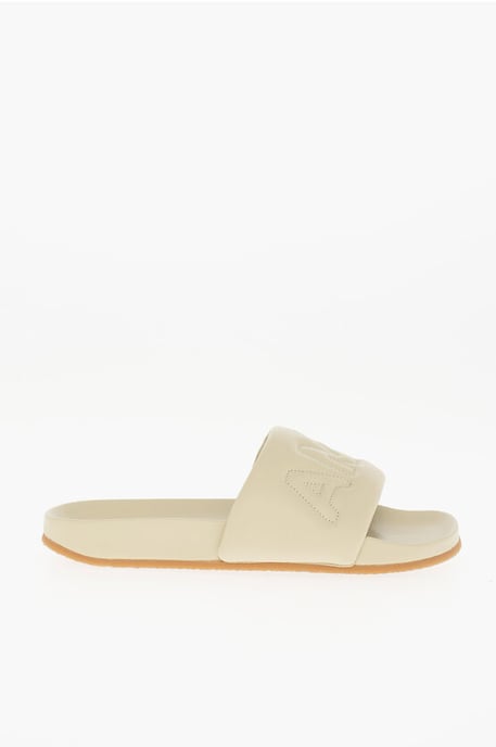 Solid Color Leather Slides in Beige - Image 3