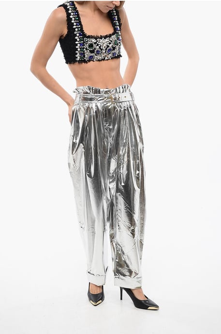 Geplooide, hoog getailleerde baggy-fit broek met metallic effect in zilver - Image 4