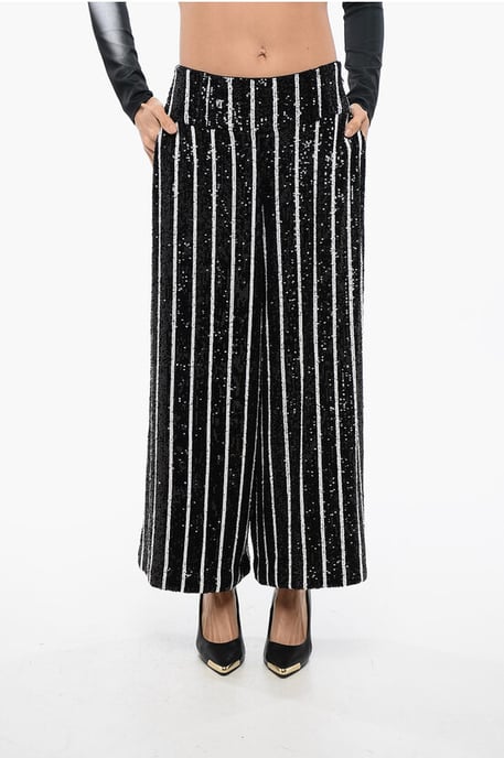 Pailletten gestreepte high-waist broek in zwart en wit - Image 1