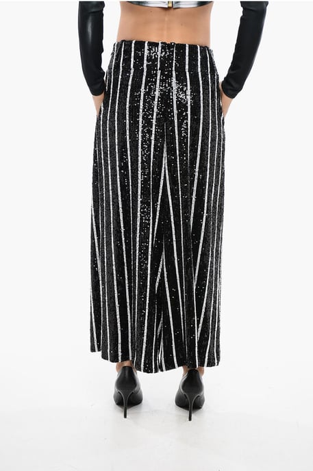 Pailletten gestreepte high-waist broek in zwart en wit - Image 2