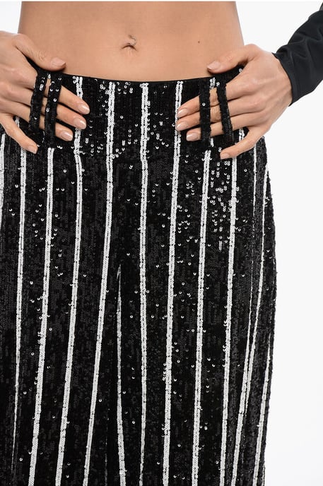 Pailletten gestreepte high-waist broek in zwart en wit - Image 3