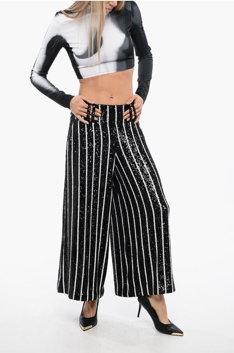 Pailletten gestreepte high-waist broek in zwart en wit - Image 4
