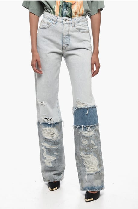 Bomullsjeans med boyfriend-passform och kontrasterande band, 24 cm i ljusblått - Image 1