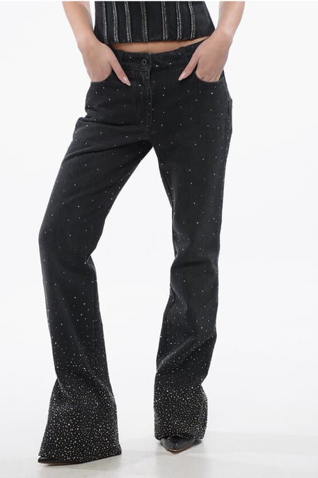 Low Rise BLING Flared Fit Denims with All-Over Rhinestones 2 in Black - Image 1