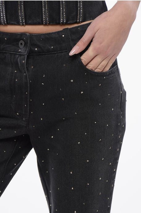 Low Rise BLING Flared Fit Denims with All-Over Rhinestones 2 in Black - Image 3