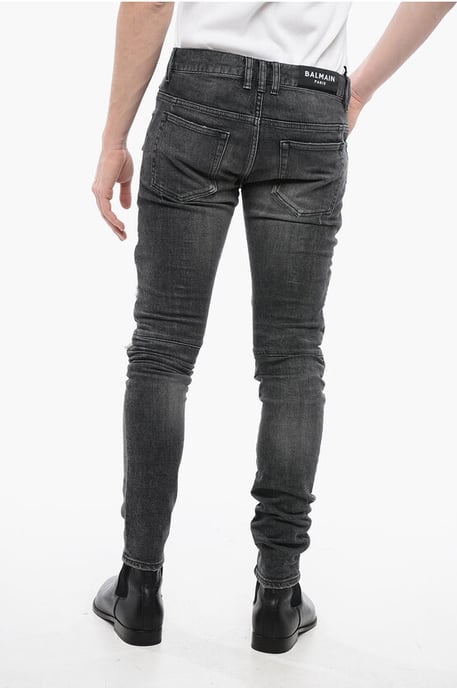 Multipocketed Distressed Denims with Leather Biker Inserts 1 in Gray - Image 2
