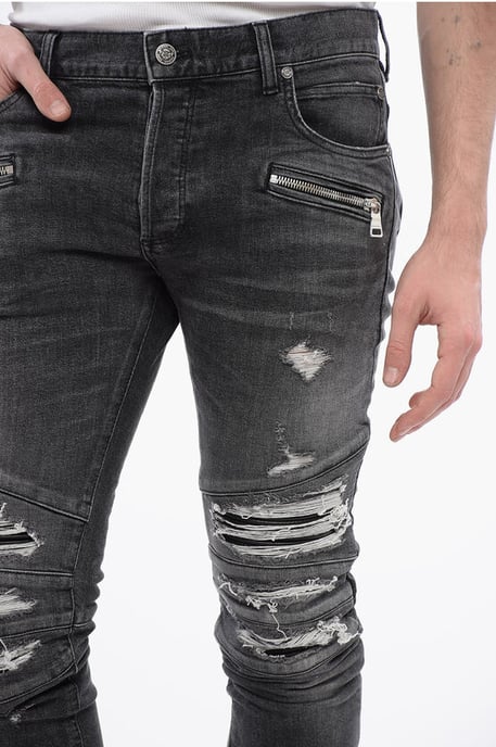 Multipocketed Distressed Denims with Leather Biker Inserts 1 in Gray - Image 3