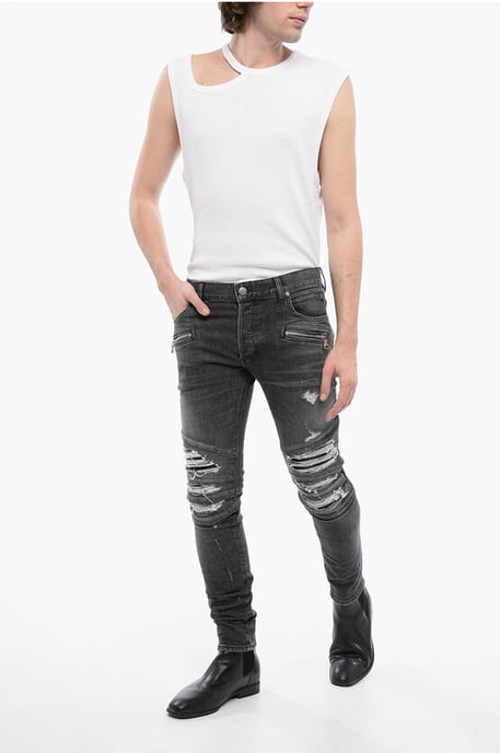 Multipocketed Distressed Denims with Leather Biker Inserts 1 in Gray - Image 4