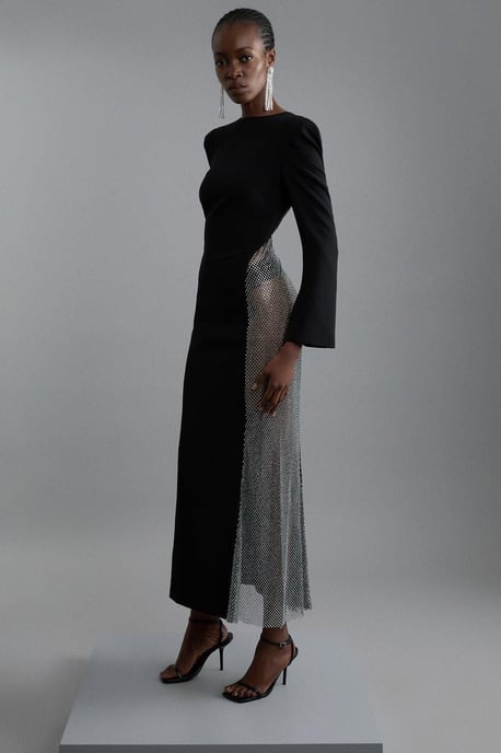 Viscose Woven Panelled Crystal Mesh Maxi Dress - Image 1