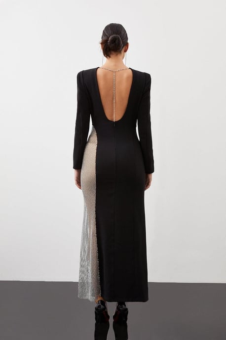 Viscose Woven Panelled Crystal Mesh Maxi Dress - Image 6