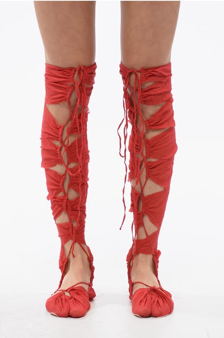 Silk Blend Lace-Up TABI Thing-Highs in Red - Image 1