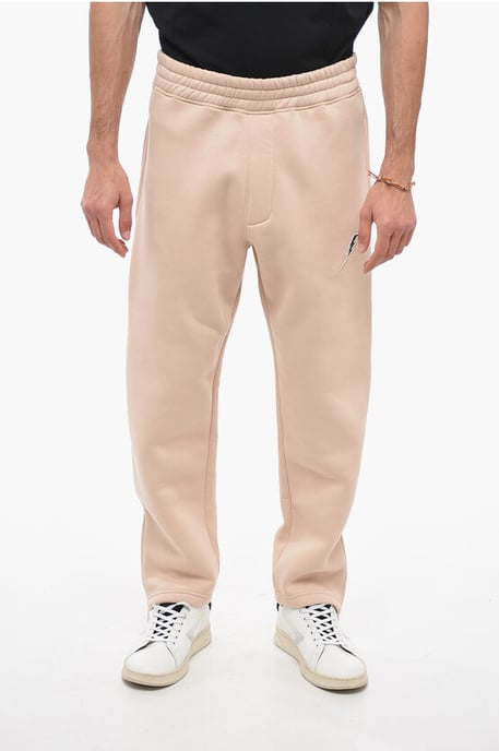 Embroidered BOLT Joggers with Zip at Cuffs in Beige - Image 1