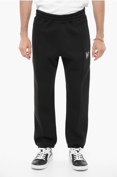 Fleeced Cotton Blend Loose Fit Joggers with Thunderbolts Emb in Black - Image 1