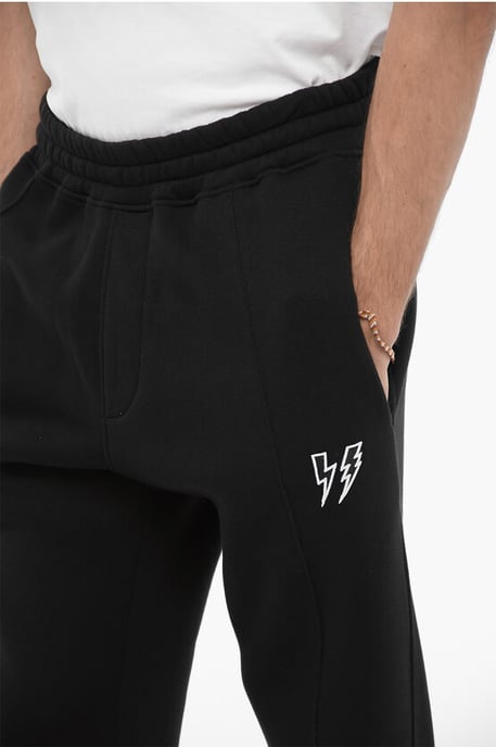 Fleeced Cotton Blend Loose Fit Joggers with Thunderbolts Emb in Black - Image 3