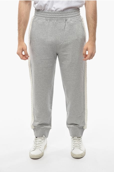 Cotton Loose Fit Sweatpants with Knitted Side Bands in Gray - Image 1