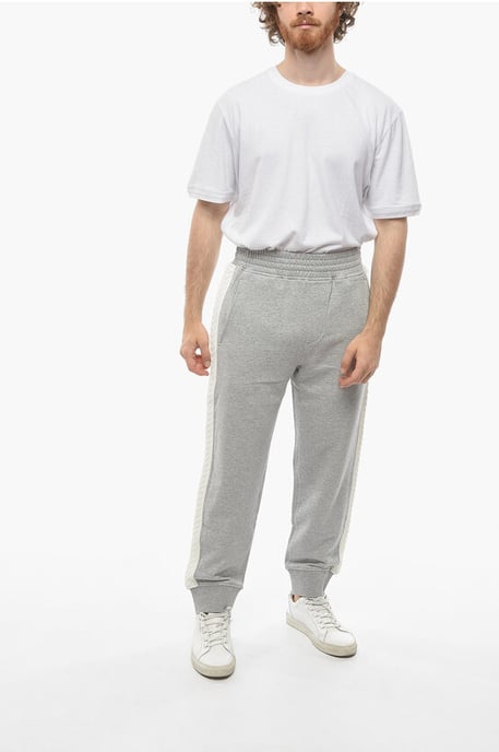 Cotton Loose Fit Sweatpants with Knitted Side Bands in Gray - Image 4