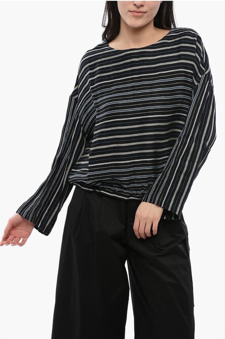 Balanced Stripe VARSITY Linen Blend Blouse in Black - Image 1