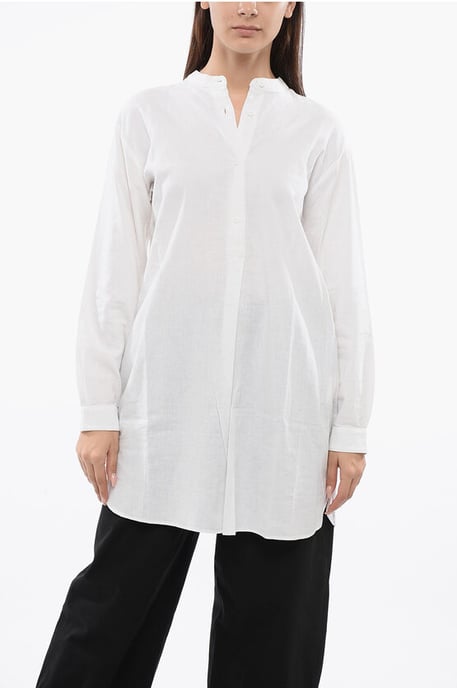 Mandarin Collar Linen Blend Long Blouse in White - Image 1