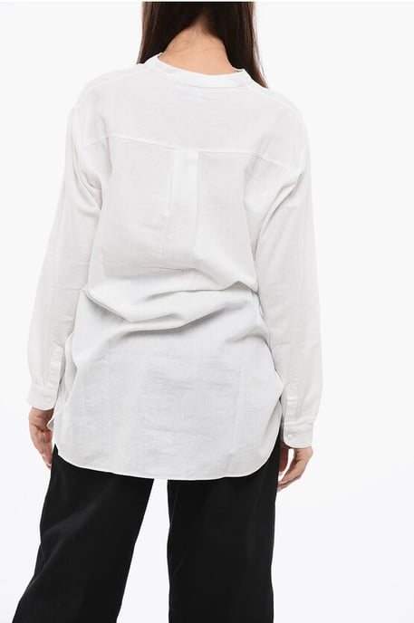 Mandarin Collar Linen Blend Long Blouse in White - Image 2