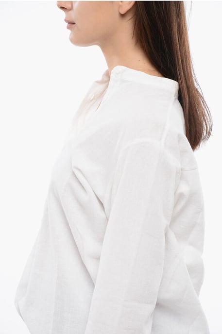 Mandarin Collar Linen Blend Long Blouse in White - Image 3