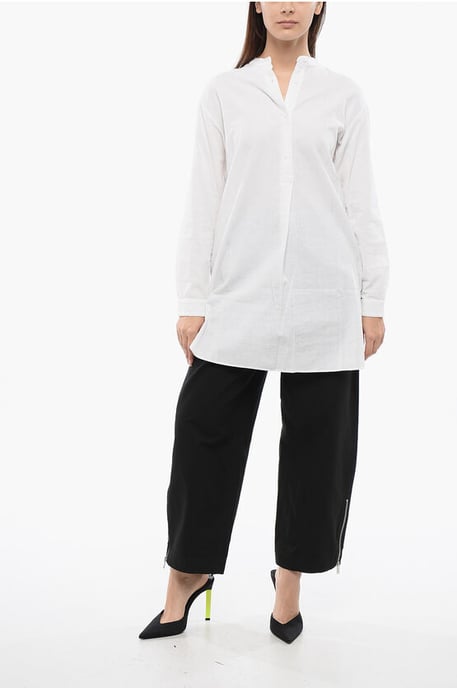Mandarin Collar Linen Blend Long Blouse in White - Image 4