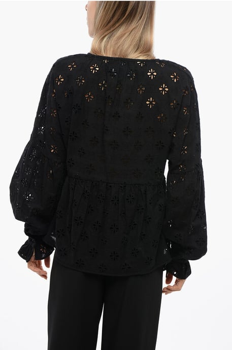 Lace-up SBERTOLI Blouse with Broderie Anglaise in Black - Image 2