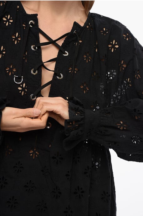Lace-up SBERTOLI Blouse with Broderie Anglaise in Black - Image 3