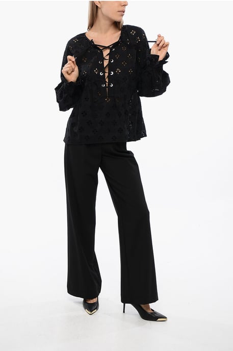 Lace-up SBERTOLI Blouse with Broderie Anglaise in Black - Image 4