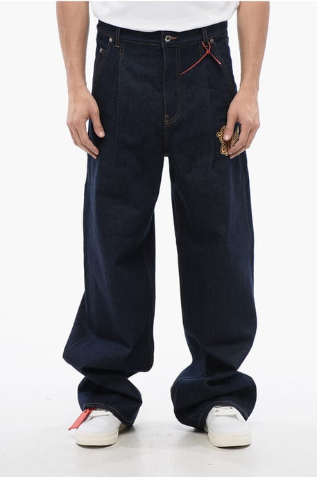 Enkelgeplooide baggy jeans met geborduurd logo, 28 cm, blauw - Image 1