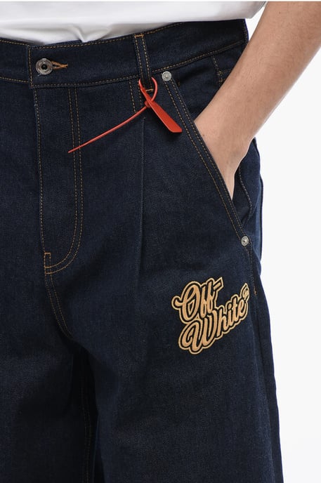Enkelgeplooide baggy jeans met geborduurd logo, 28 cm, blauw - Image 3