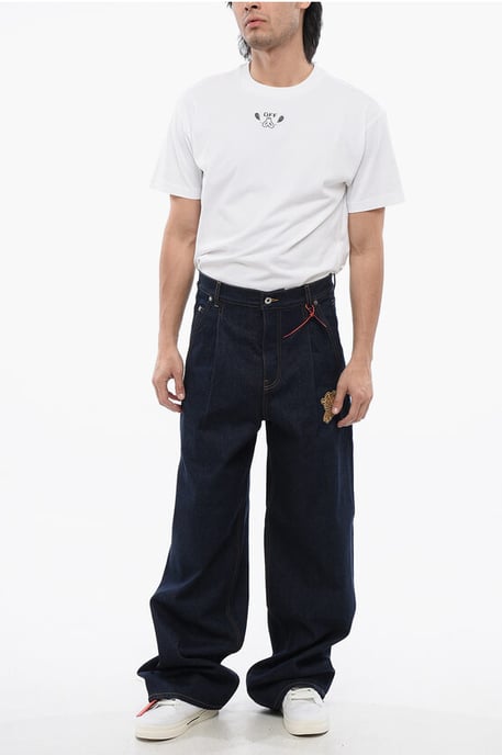Enkelgeplooide baggy jeans met geborduurd logo, 28 cm, blauw - Image 4