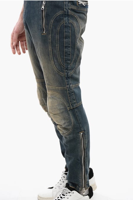 Vintage tvättade bikerjeans med resår i midjan 15 cm i blått - Image 3