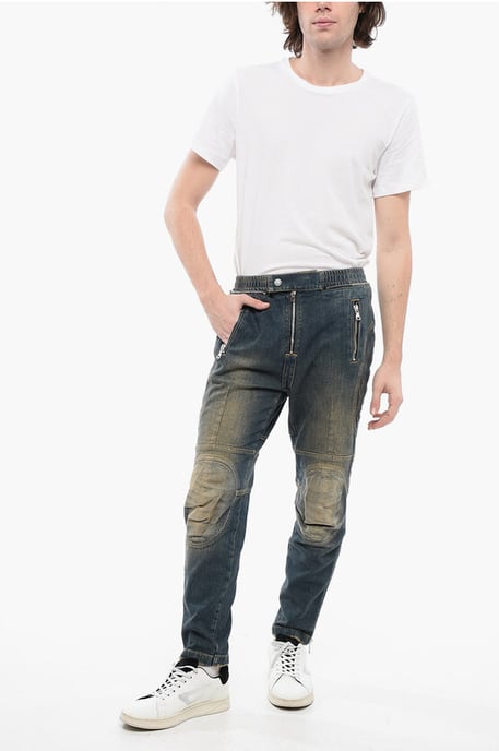 Vintage tvättade bikerjeans med resår i midjan 15 cm i blått - Image 4