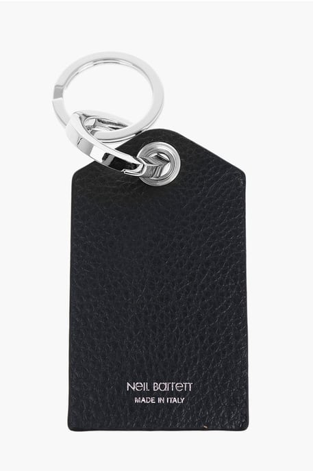 Keyring with Textured Leather Pendant and Thunderbolt Detail in Blu, Nero - Image 2
