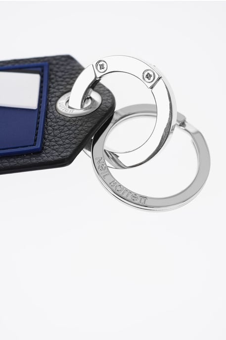 Keyring with Textured Leather Pendant and Thunderbolt Detail in Blu, Nero - Image 3