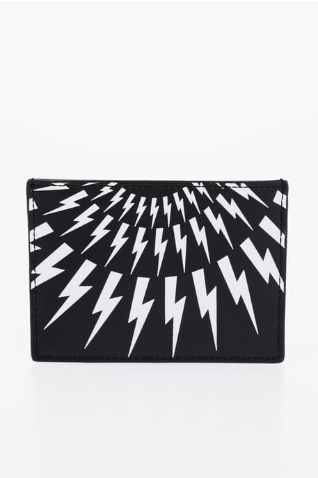 Leather FAIR-ISLE THUNDERBOLT Card Holder with Contrast Prin in Black - Image 2