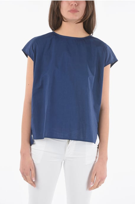 Short Sleeve Popeline Cotton Blouse in Blue - Image 1