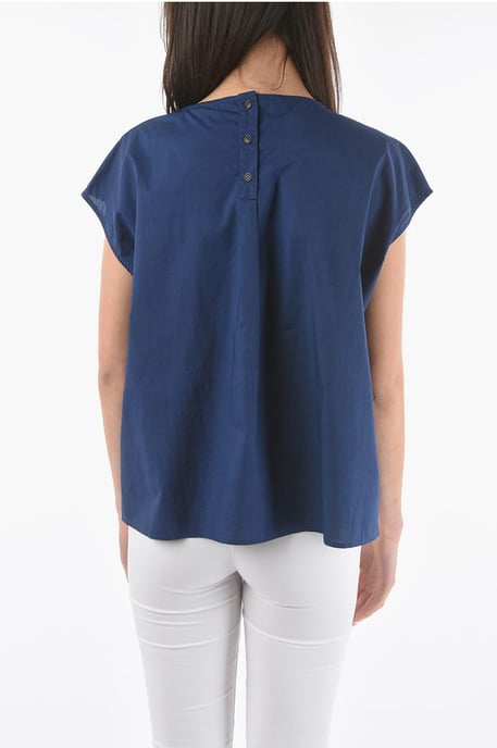 Short Sleeve Popeline Cotton Blouse in Blue - Image 2