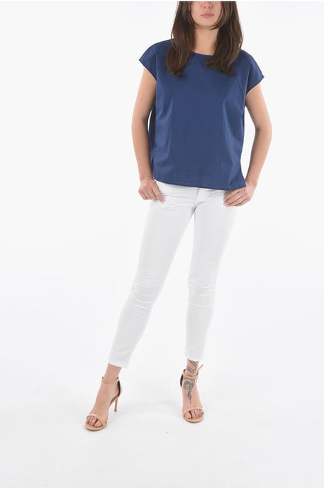 Short Sleeve Popeline Cotton Blouse in Blue - Image 4