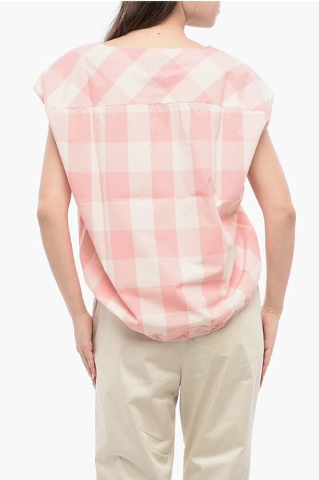 Gingham Cotton Sleeveless Blouse with Drawstringed Bottom in Bianco, Rosa - Image 2