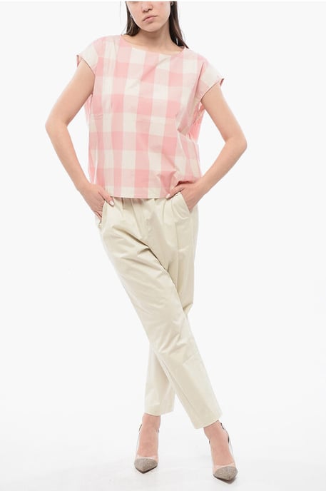 Gingham Cotton Sleeveless Blouse with Drawstringed Bottom in Bianco, Rosa - Image 4