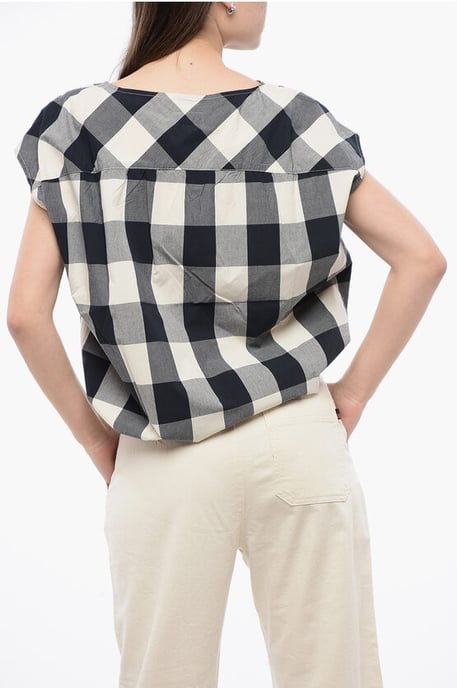 Gingham Cotton Sleeveless Blouse with Drawstringed Bottom in Bianco, Blu, Grigio - Image 2