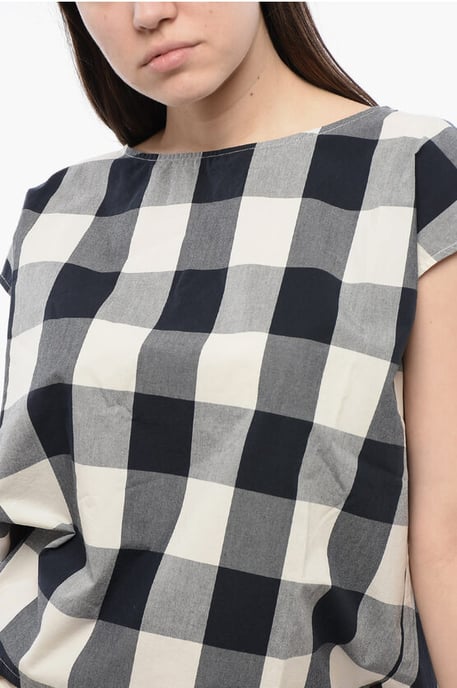 Gingham Cotton Sleeveless Blouse with Drawstringed Bottom in Bianco, Blu, Grigio - Image 3