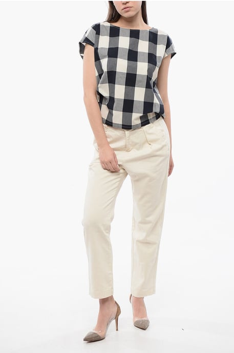 Gingham Cotton Sleeveless Blouse with Drawstringed Bottom in Bianco, Blu, Grigio - Image 4