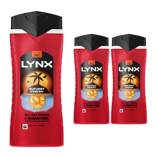 Lynx Men Sunset Fresh 3 in 1 Body Wash with Long Lasting Fragrance 500ml, 3 Pack - Image 1