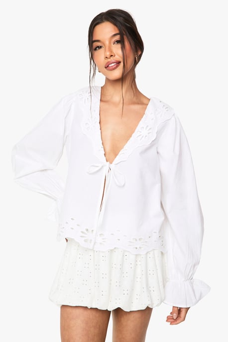 Cutwork Broderie Tie Front Blouse - Image 1