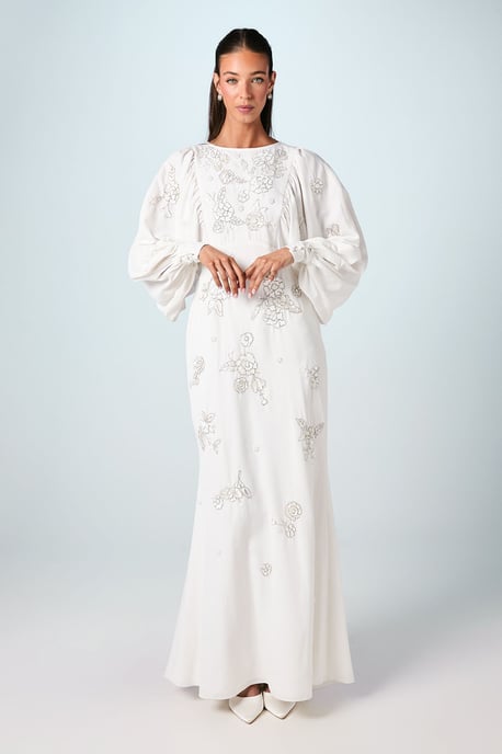 Premium Beaded Floral Embellished Long Sleeve Wedding Dress - Image 1