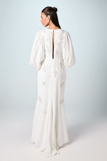 Premium Beaded Floral Embellished Long Sleeve Wedding Dress - Image 3