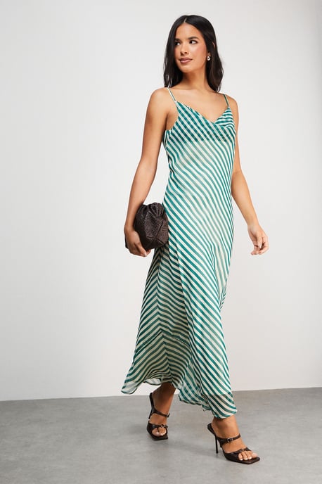 Chiffon Stripe Cowl Bias Strappy Maxi Dress - Image 1