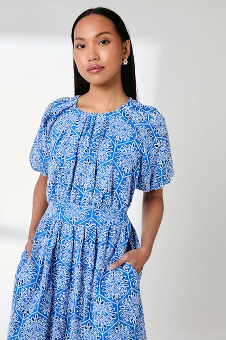 Blue Puff Sleeve Waistband Detail Broderie Midi Dress - Image 2
